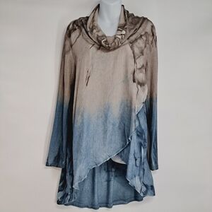 Fleur De Lis Linen‎ Blend Tulip Hem Ombre Tie Dye Tunic Turtleneck Top Size Med